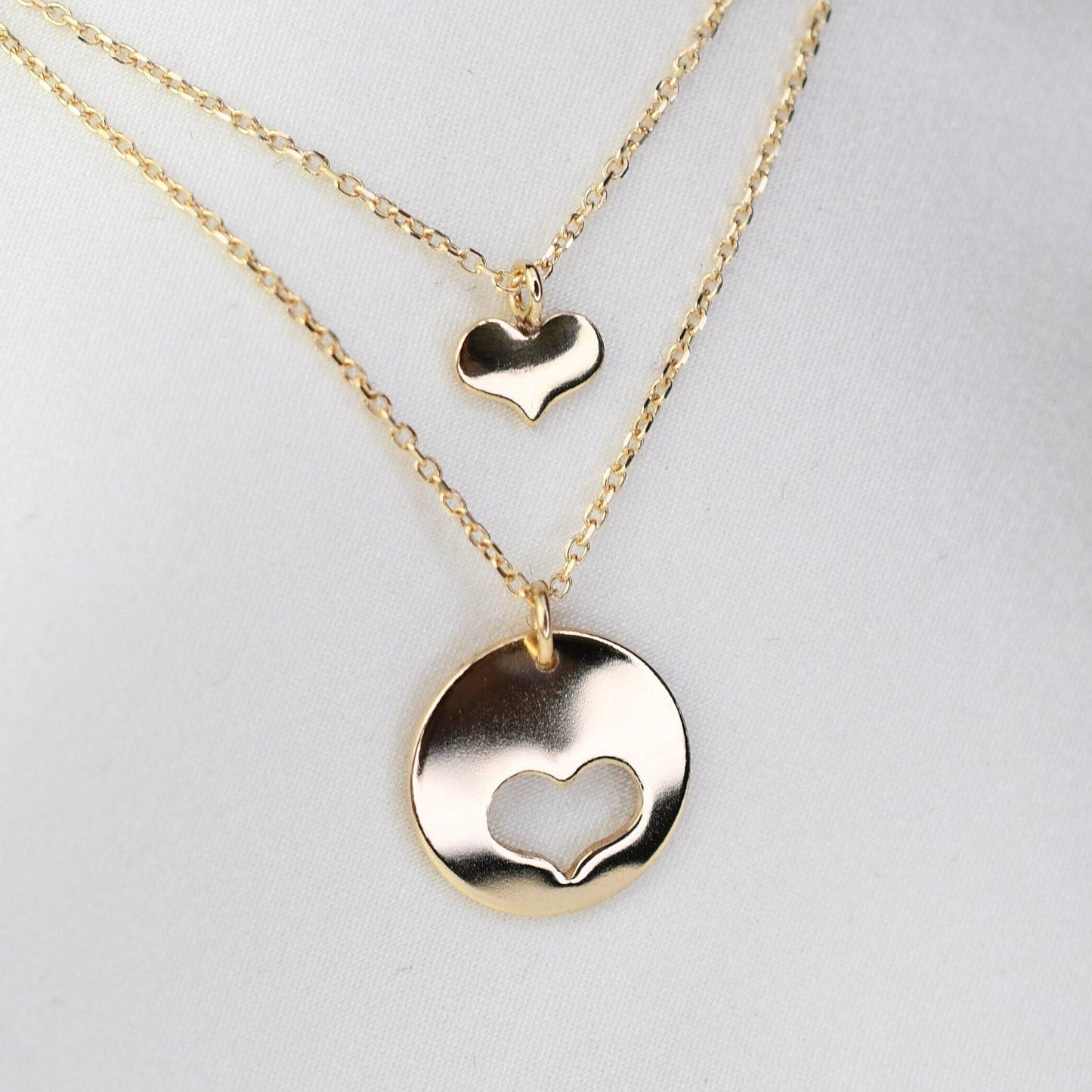 14K gold mother daughter heart necklace set
