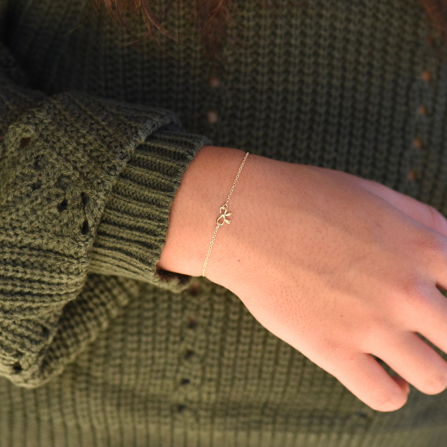14K Gold Bow Bracelet - 14K Gold Tiny Bow Charm Bracelet - Sash Jewelry
