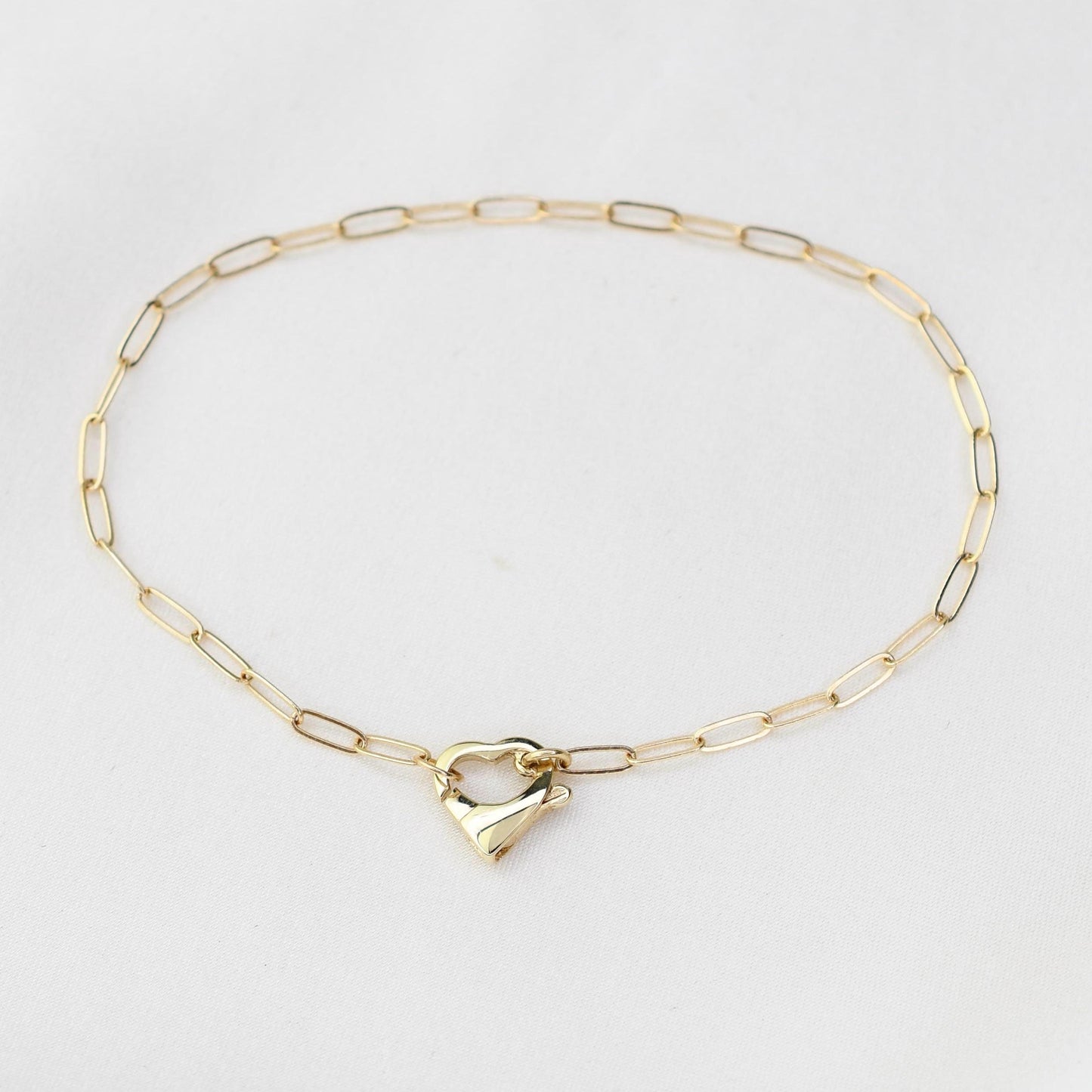 14K Gold Paperclip Bracelet with Heart Clasp