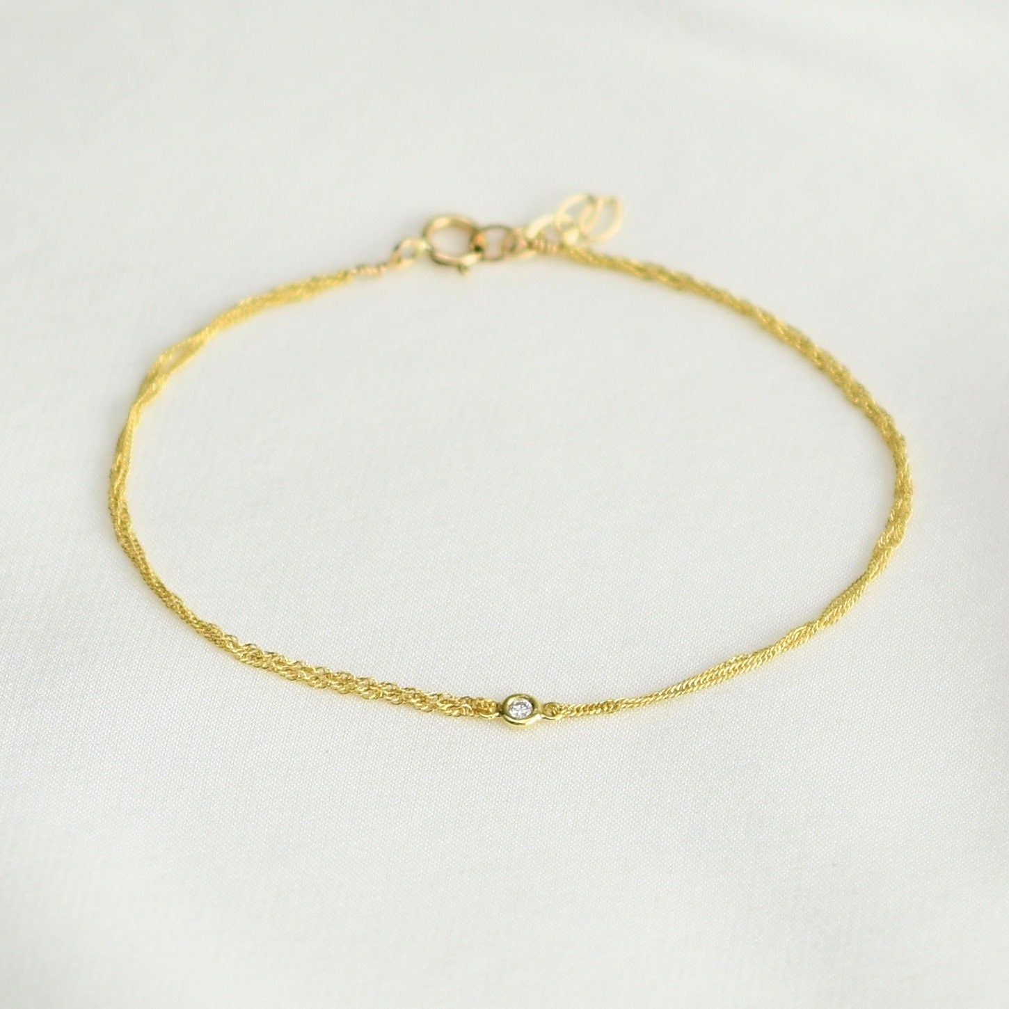 14K Gold Double Chain Diamond Bracelet – Dainty Solid Gold Bracelet - Sash Jewelry