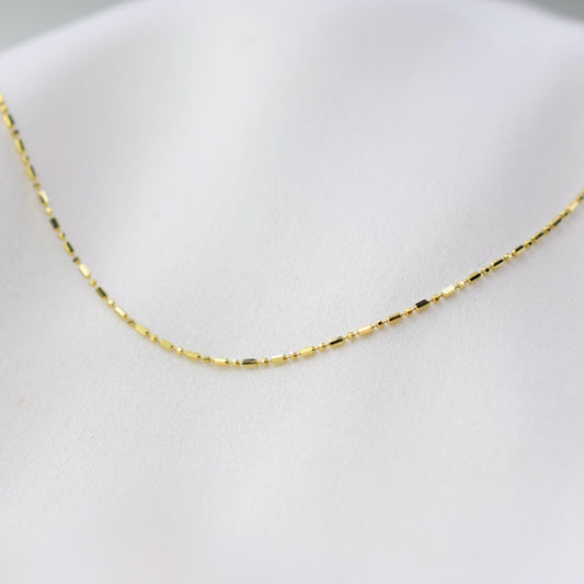 14K Gold Cylinder & Round Bead Necklace – Delicate Layering Jewelry