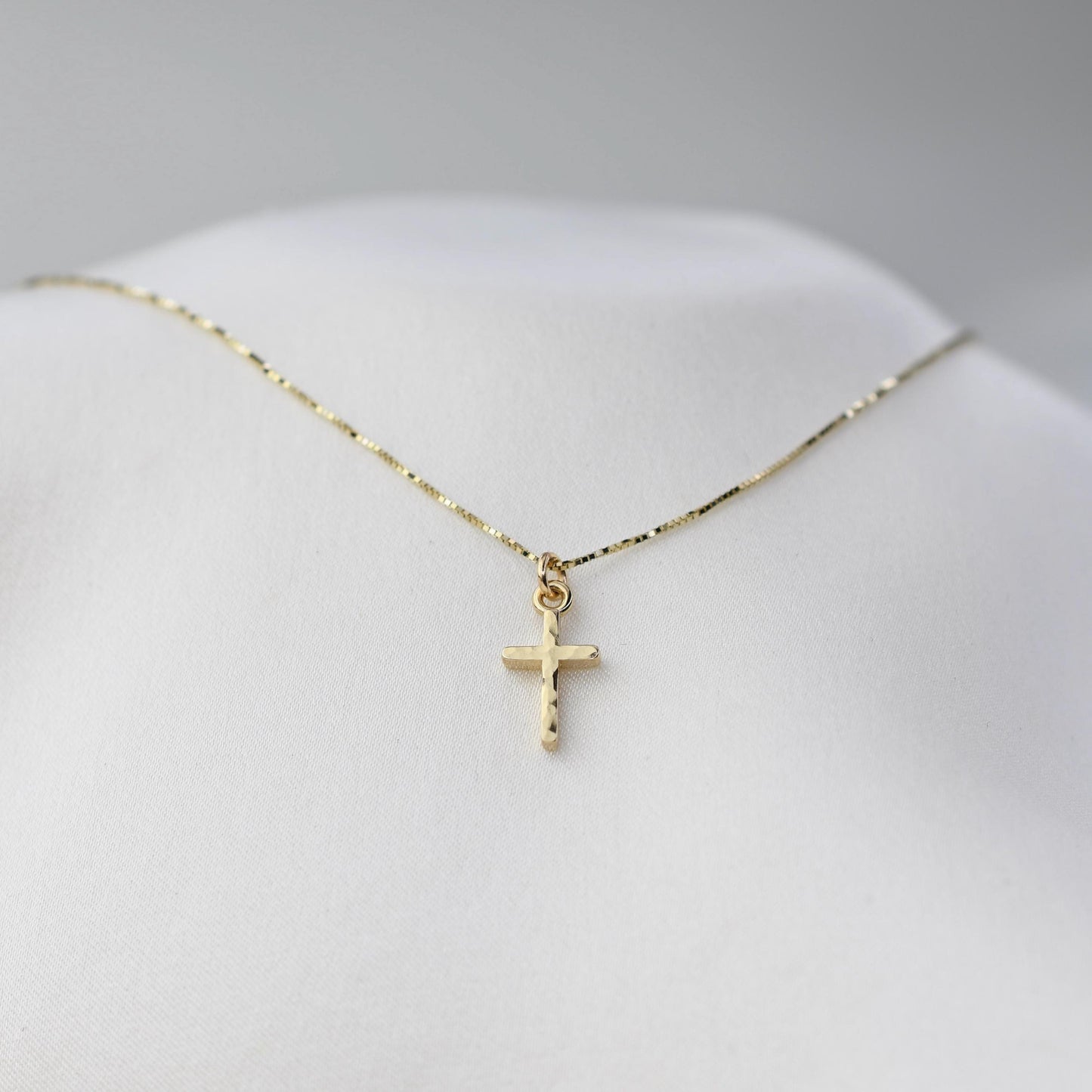 14K Gold Tiny Hammered Cross Necklace