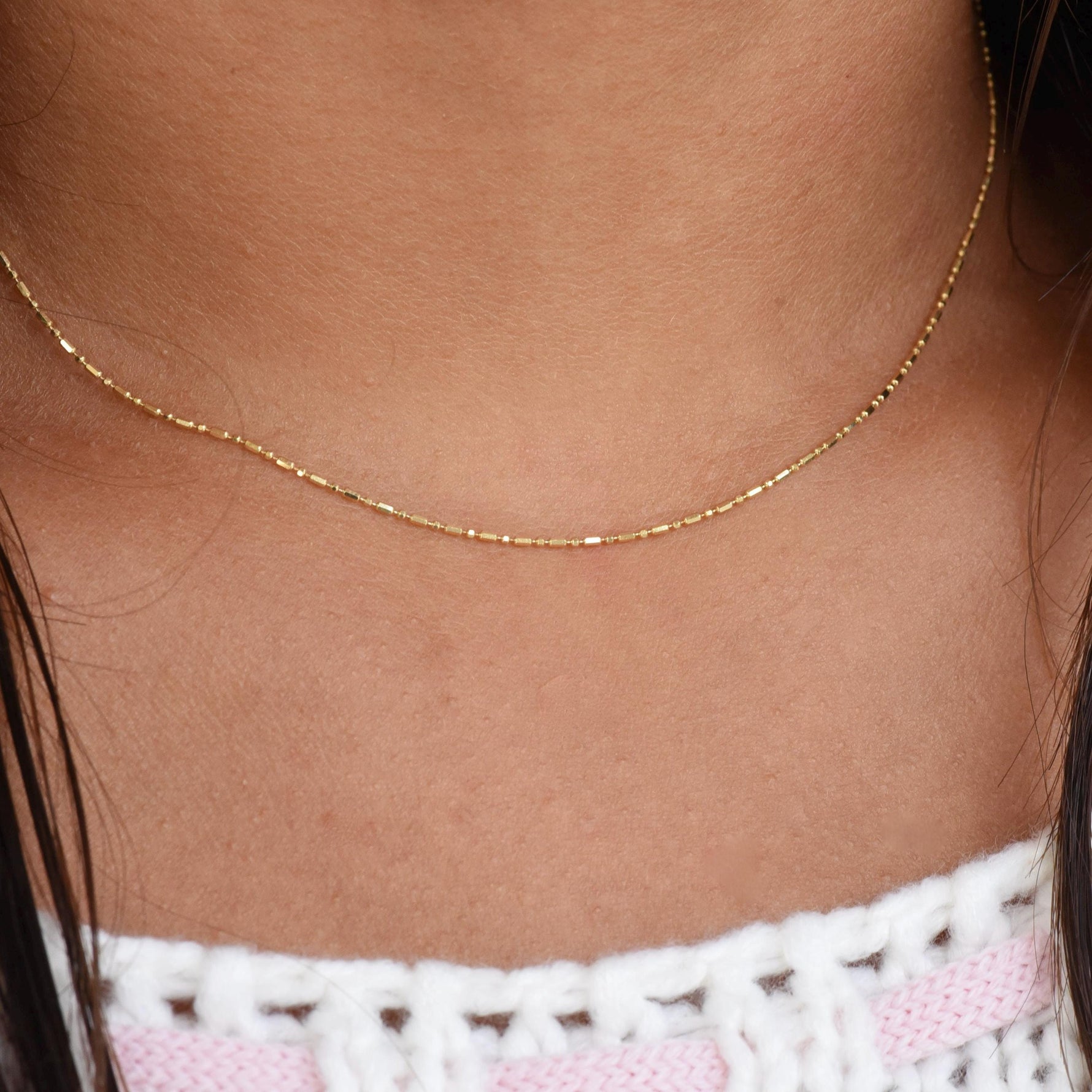 14K Gold Cylinder & Round Bead Necklace – Delicate Layering Jewelry - Sash Jewelry