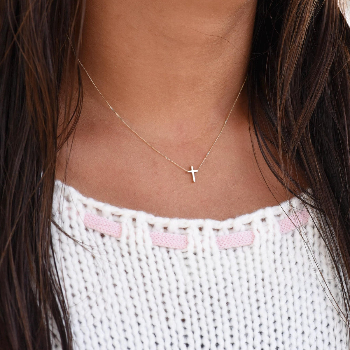 14K Gold Dainty Tiny Floating Cross Necklace - Sash Jewelry