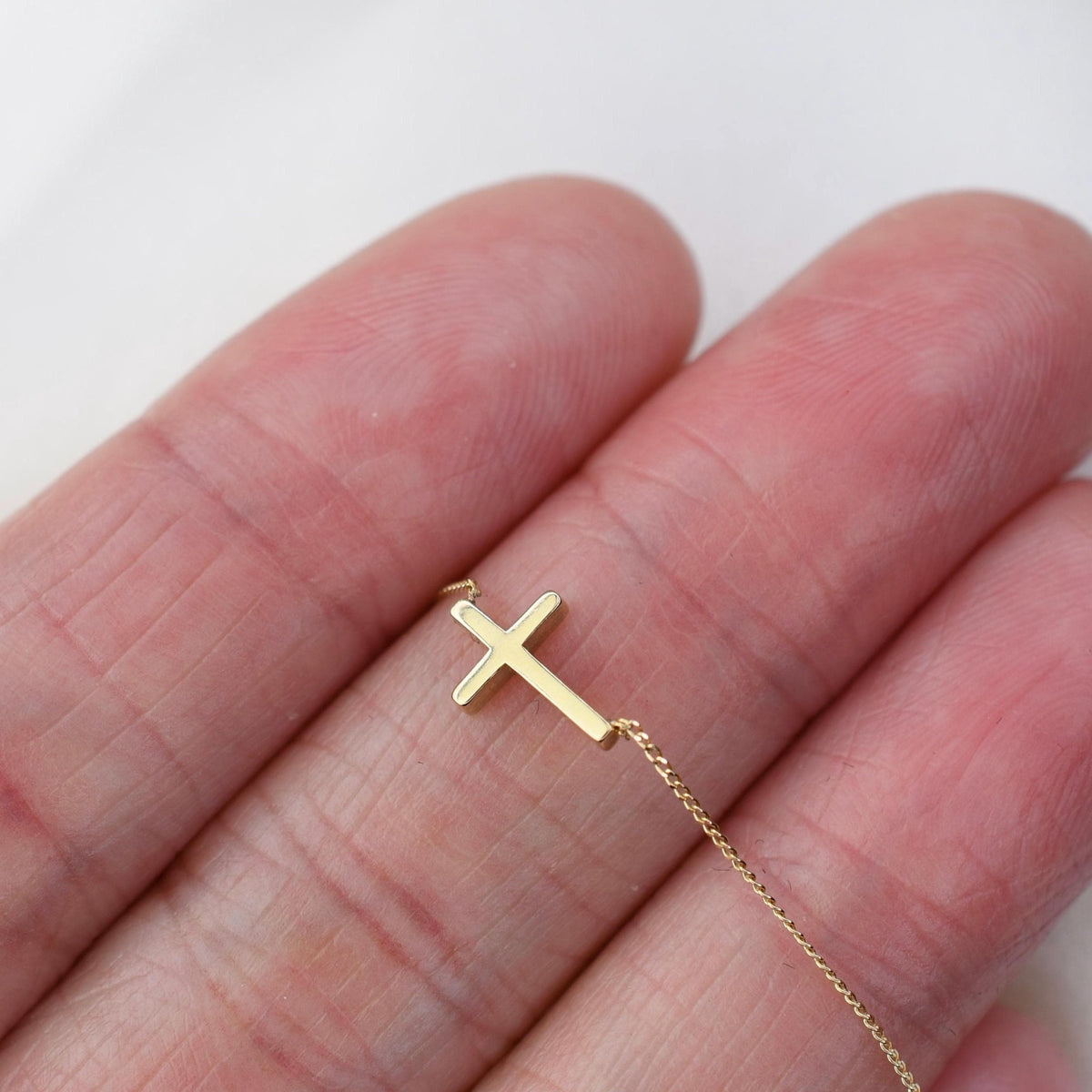 14K Gold Dainty Tiny Sideway Cross Necklace - Sash Jewelry