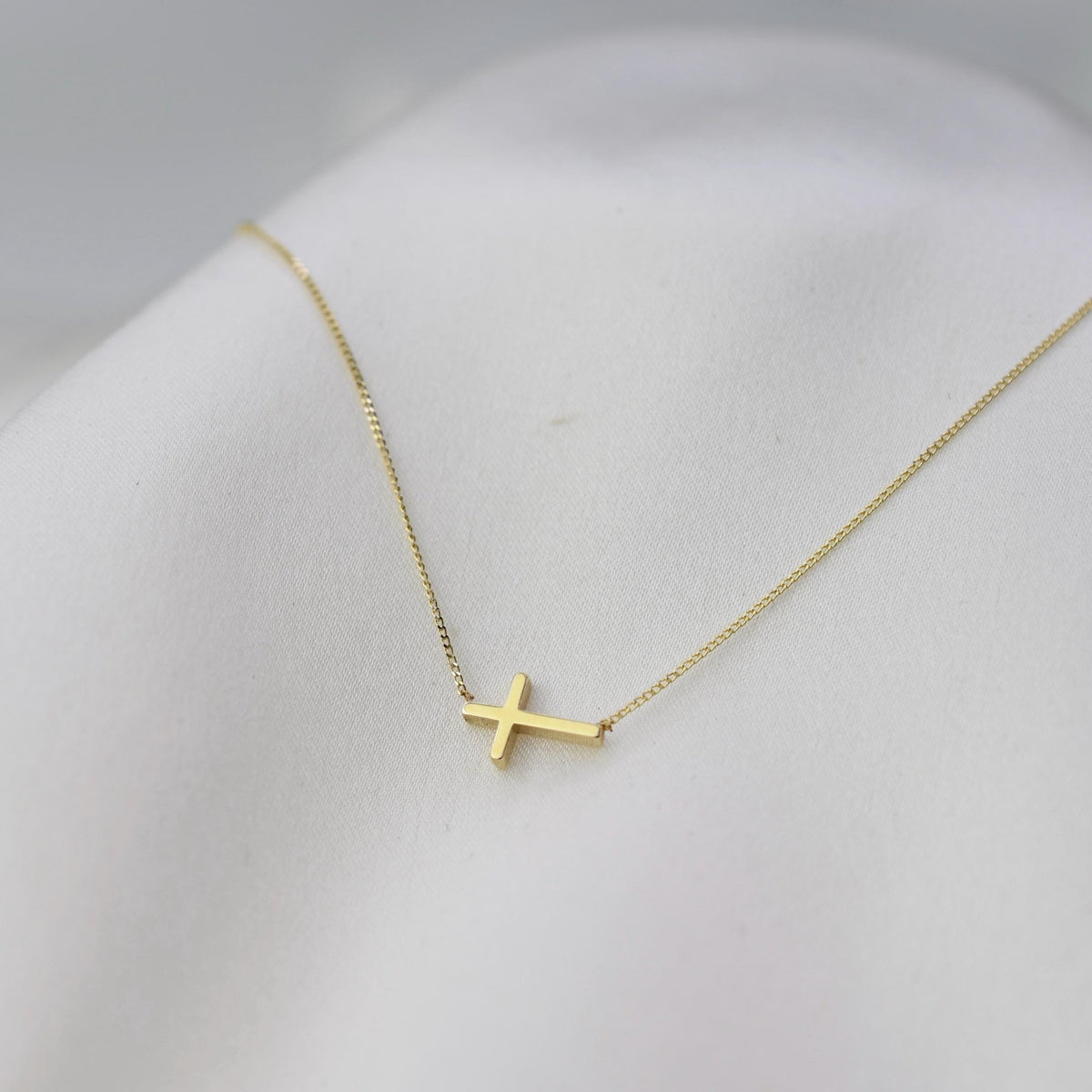 14K Gold Dainty Tiny Sideway Cross Necklace - Sash Jewelry