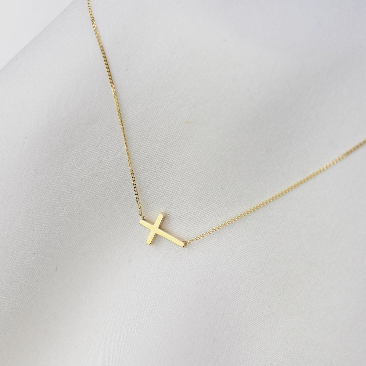 14K Gold Dainty Tiny Sideway Cross Necklace - Sash Jewelry