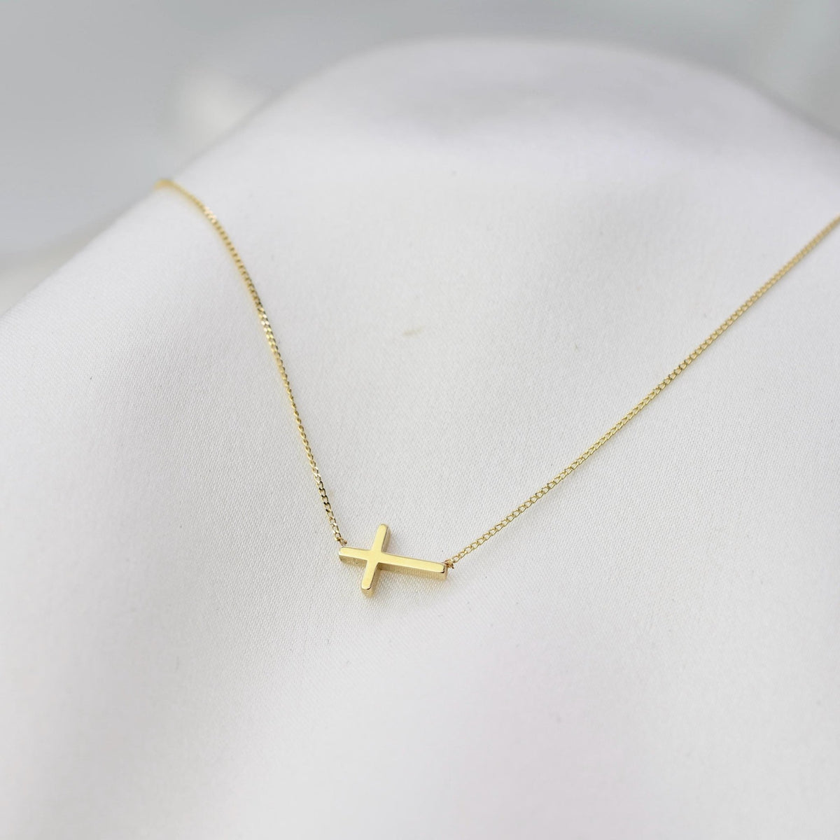 14K Gold Dainty Tiny Sideway Cross Necklace - Sash Jewelry