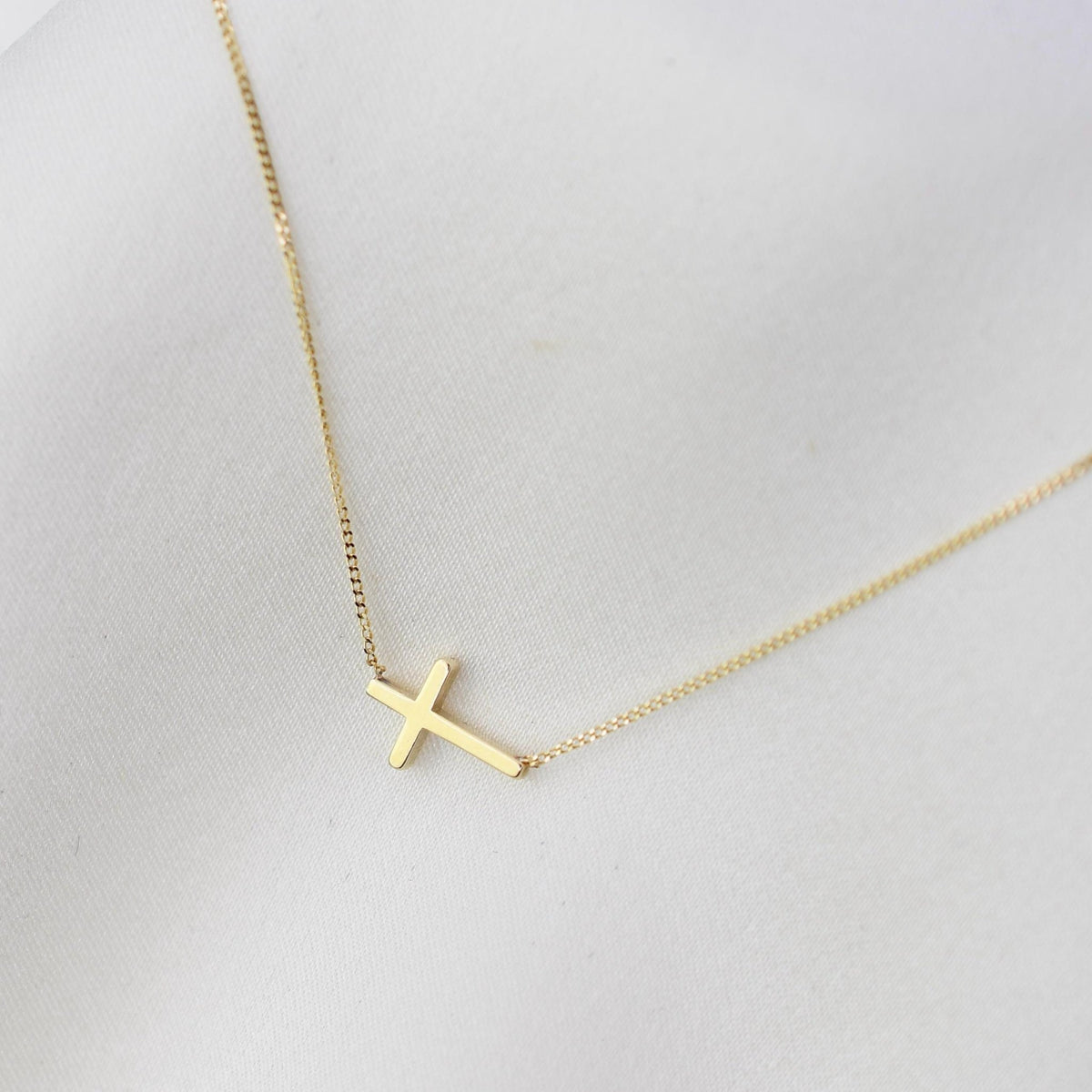 14K Gold Dainty Tiny Sideway Cross Necklace - Sash Jewelry