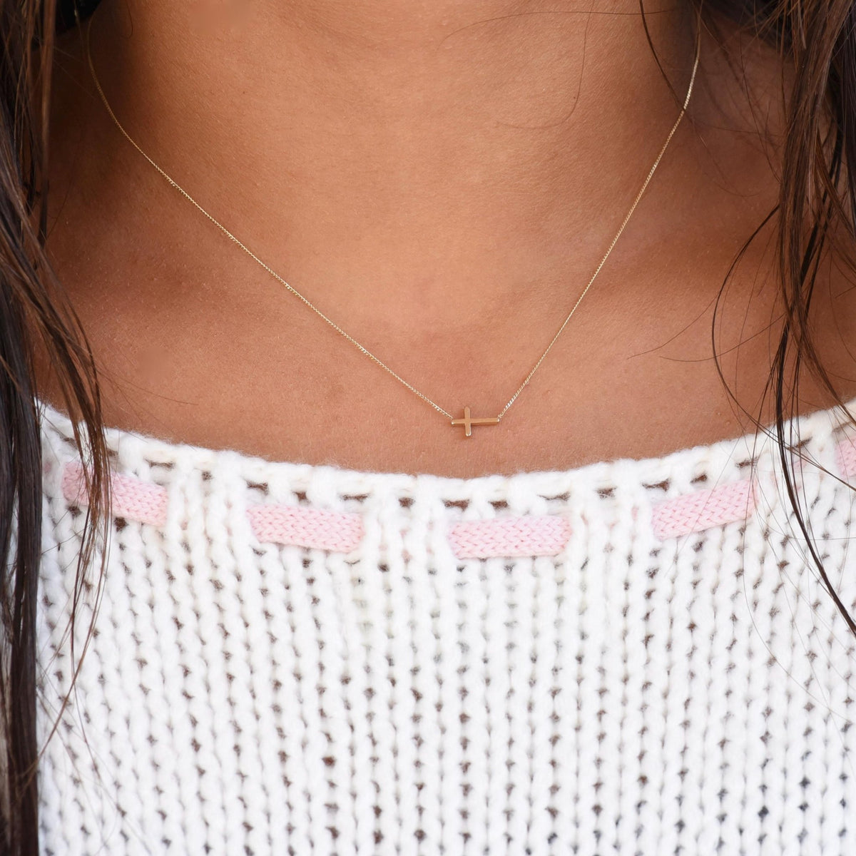 14K Gold Dainty Tiny Sideway Cross Necklace - Sash Jewelry