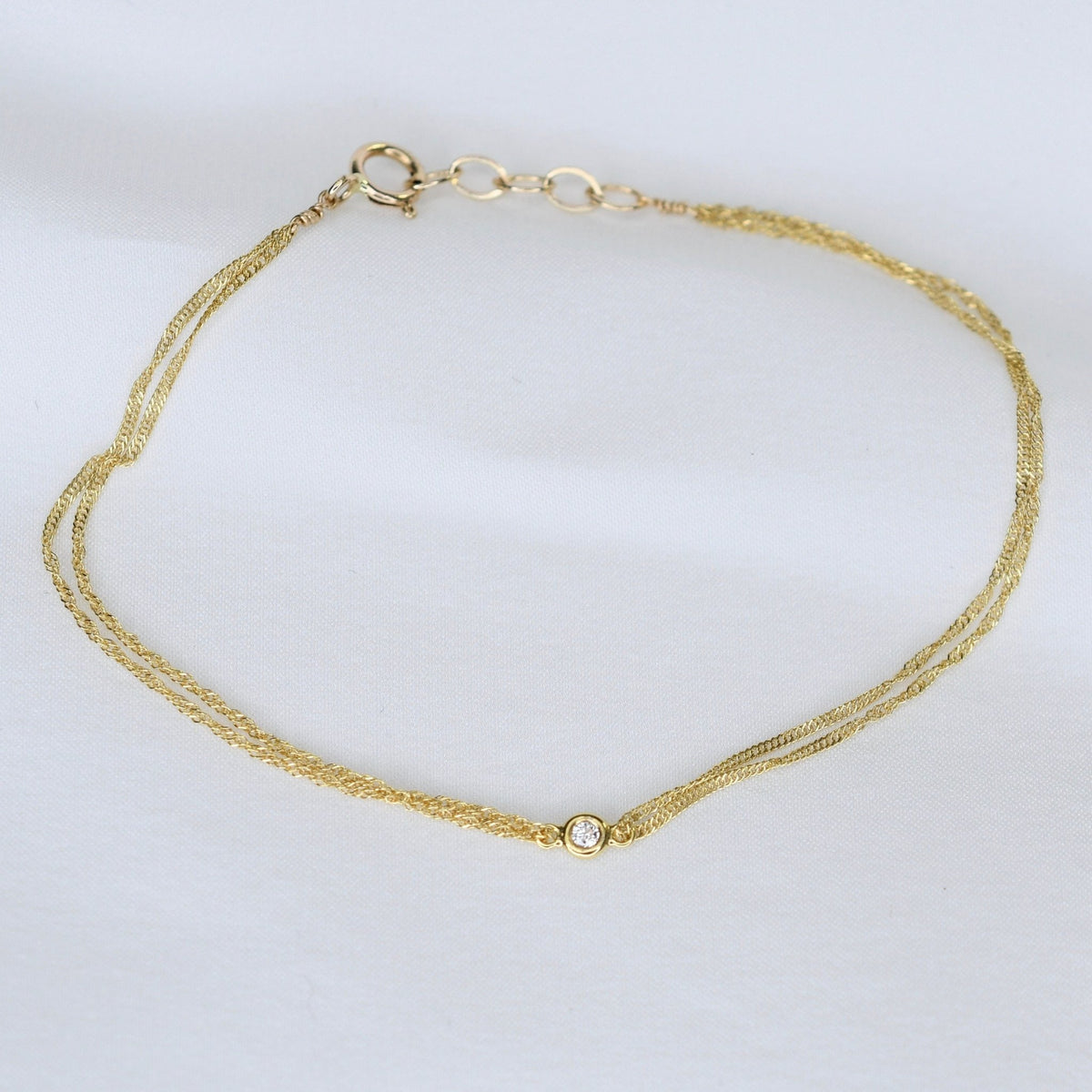 14K Gold Double Chain Diamond Bracelet – Dainty Solid Gold Bracelet - Sash Jewelry
