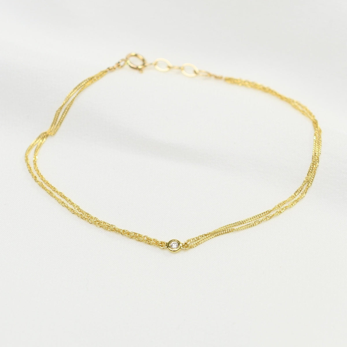 14K Gold Double Chain Diamond Bracelet – Dainty Solid Gold Bracelet - Sash Jewelry