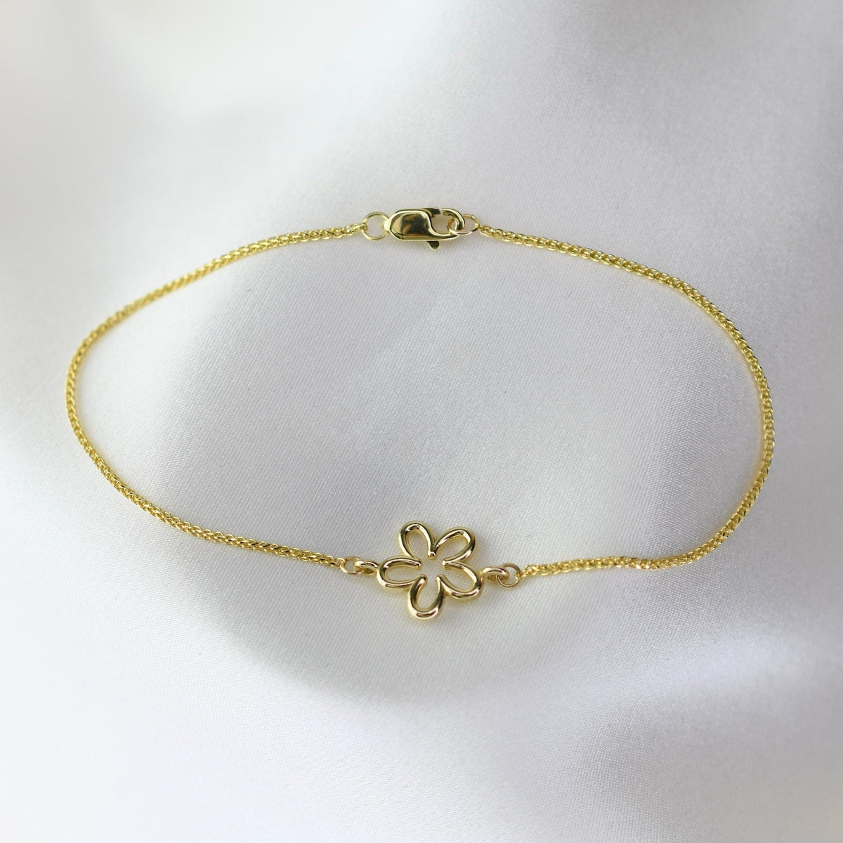 14K Gold Flower Bracelet — Sparkly 1mm Wheat Chain - Sash Jewelry