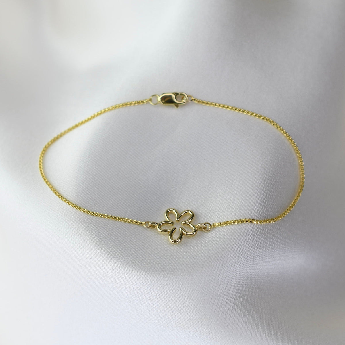 14K Gold Flower Bracelet — Sparkly 1mm Wheat Chain - Sash Jewelry
