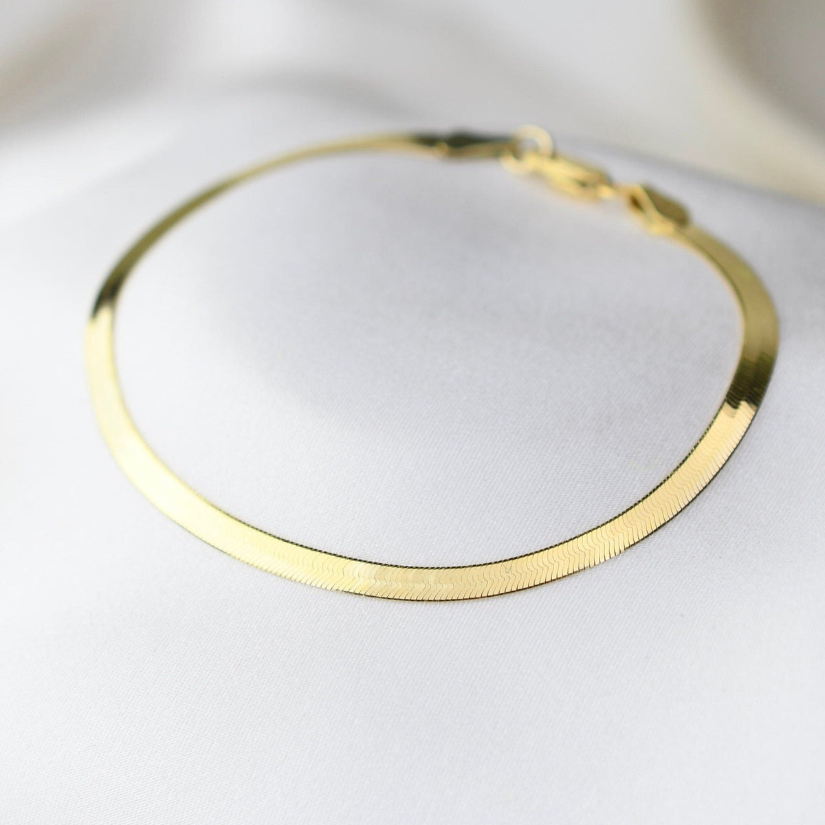 14K Gold Herringbone Chain Bracelet | Solid Gold 3mm Flat Chain Bracelet - Sash Jewelry