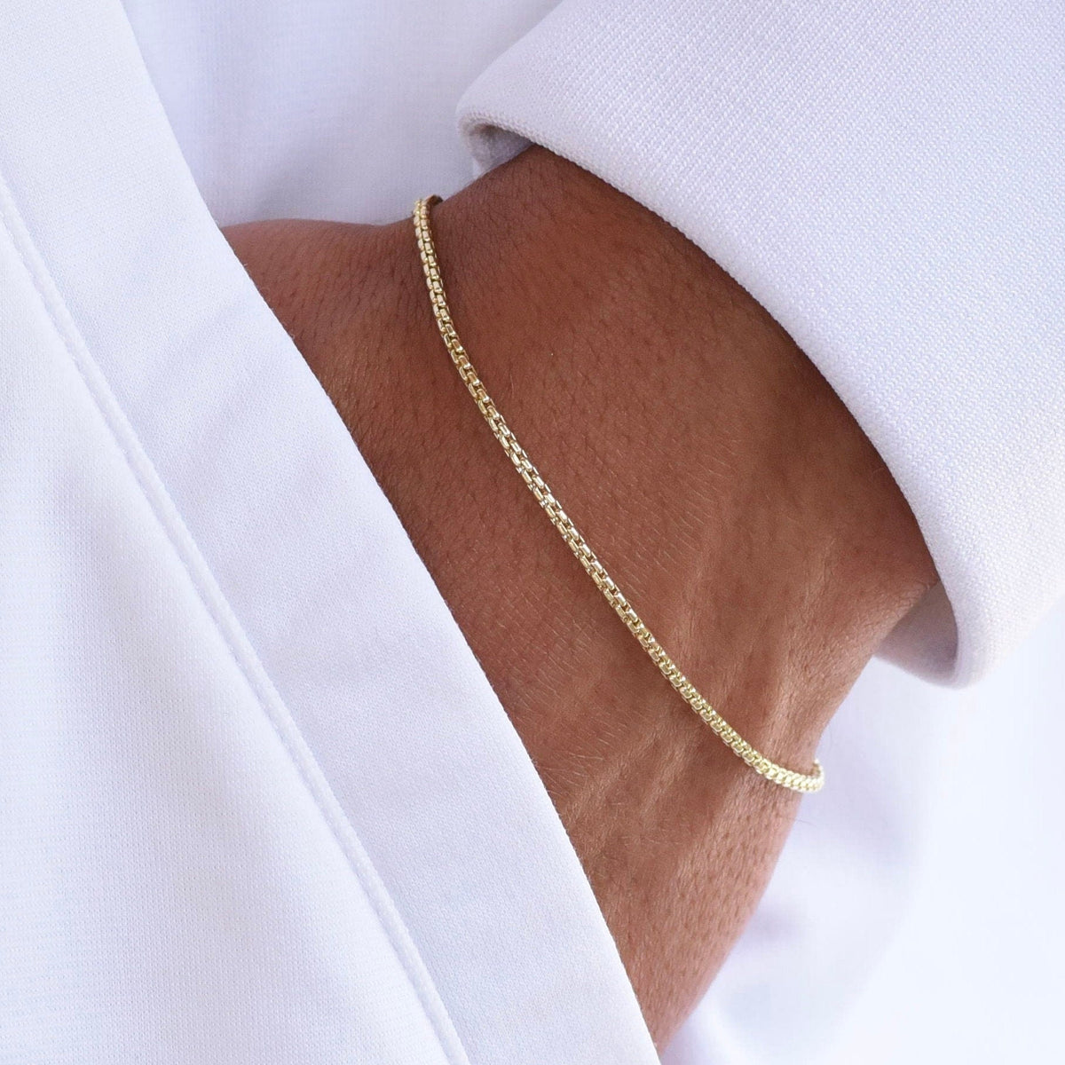 14K Gold Men’s Rounded Box Chain Bracelet – 1.7mm Solid Yellow Gold Bracelet with Lobster Clasp - Sash Jewelry