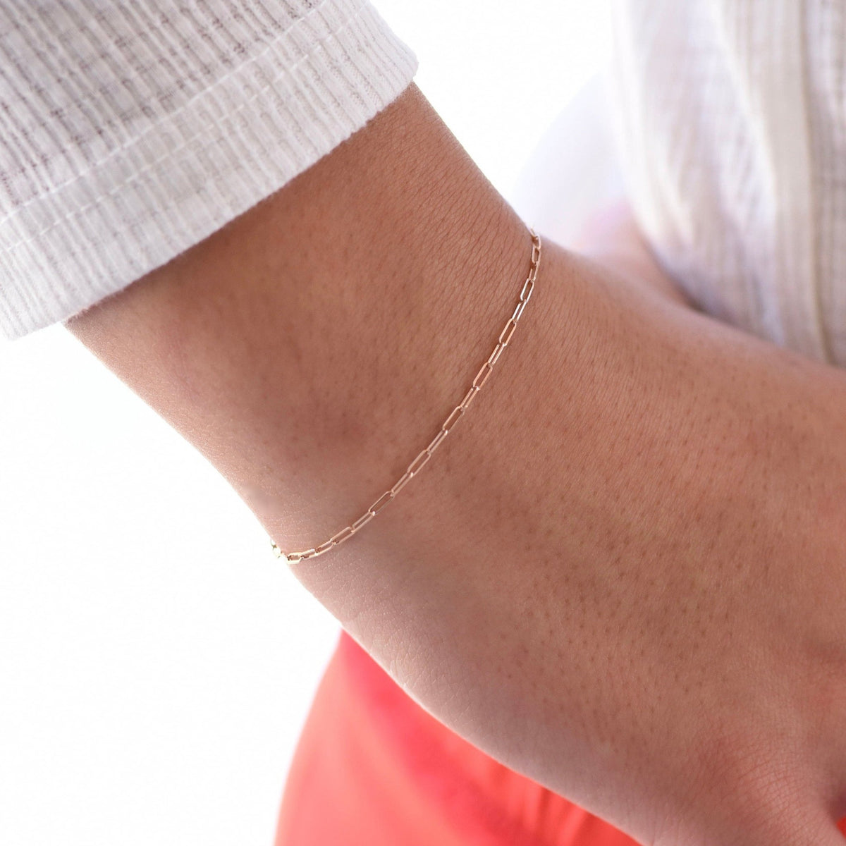 14K Gold Paper Clip Chain Bracelet - 1.5mm Solid Gold - Sash Jewelry