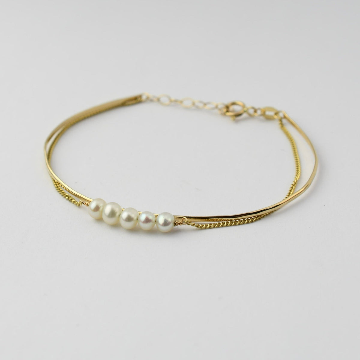 14K Gold Pearl Bar Bracelet – Dainty Adjustable Solid Gold Bracelet - Sash Jewelry