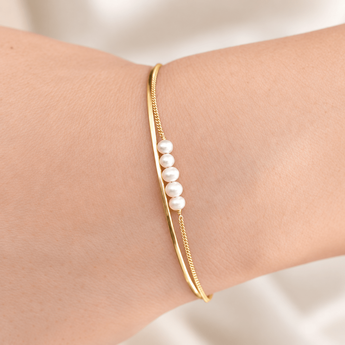 14K Gold Pearl Bar Bracelet – Dainty Adjustable Solid Gold Bracelet - Sash Jewelry