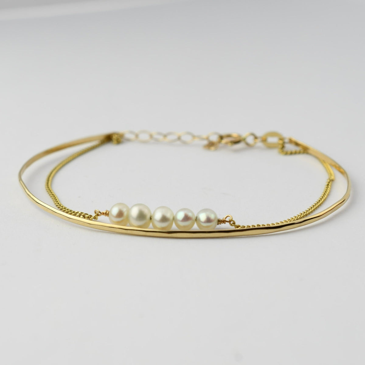 14K Gold Pearl Bar Bracelet – Dainty Adjustable Solid Gold Bracelet - Sash Jewelry