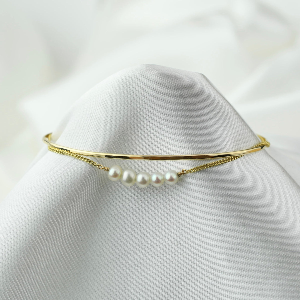 14K Gold Pearl Bar Bracelet – Dainty Adjustable Solid Gold Bracelet - Sash Jewelry