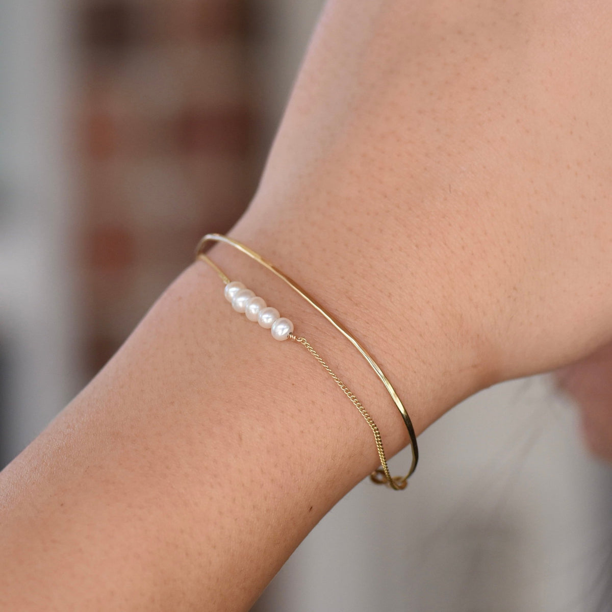 14K Gold Pearl Bar Bracelet – Dainty Adjustable Solid Gold Bracelet - Sash Jewelry