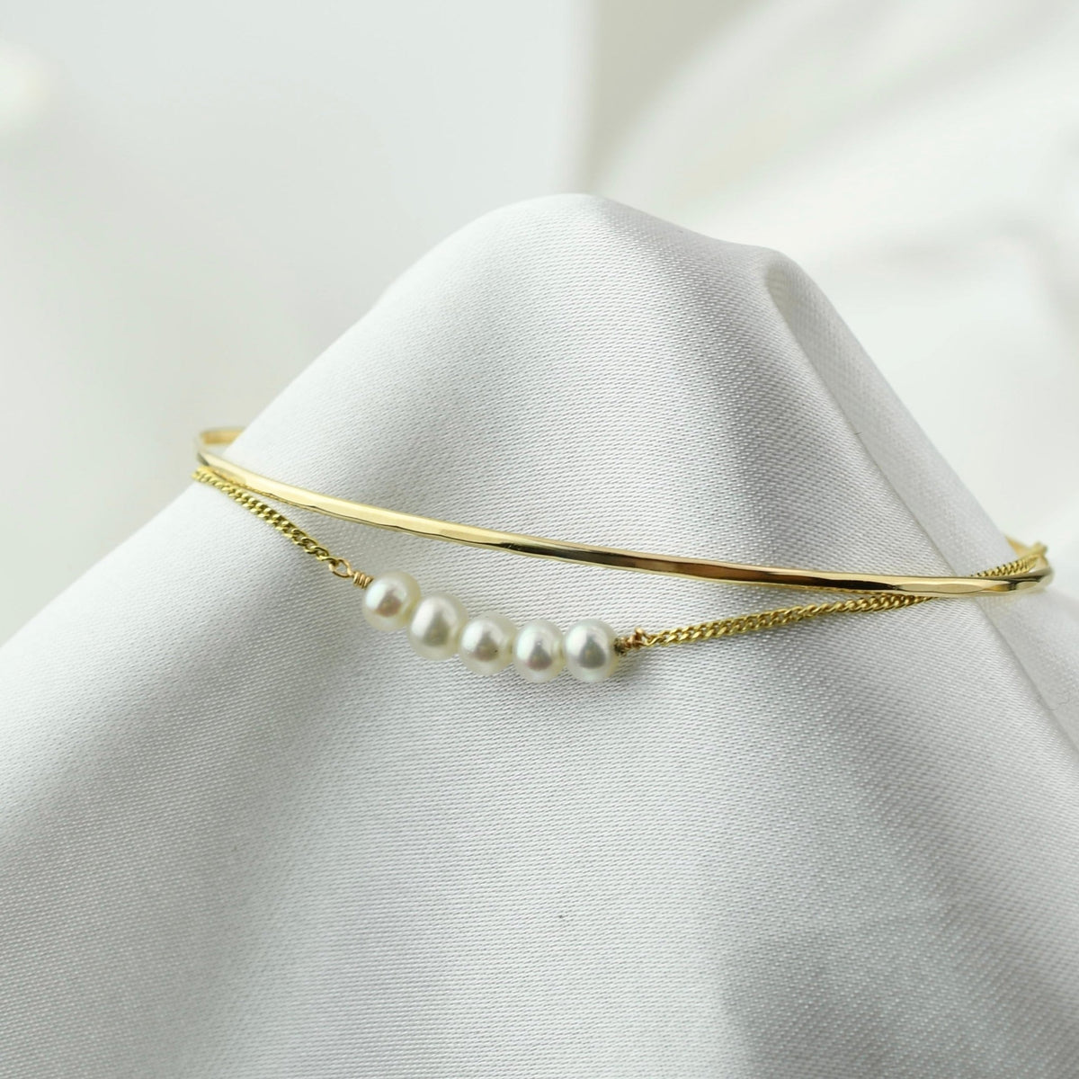 14K Gold Pearl Bar Bracelet – Dainty Adjustable Solid Gold Bracelet - Sash Jewelry
