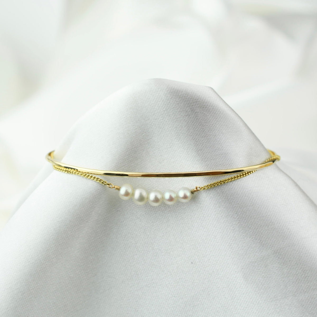 14K Gold Pearl Bar Bracelet – Dainty Adjustable Solid Gold Bracelet - Sash Jewelry