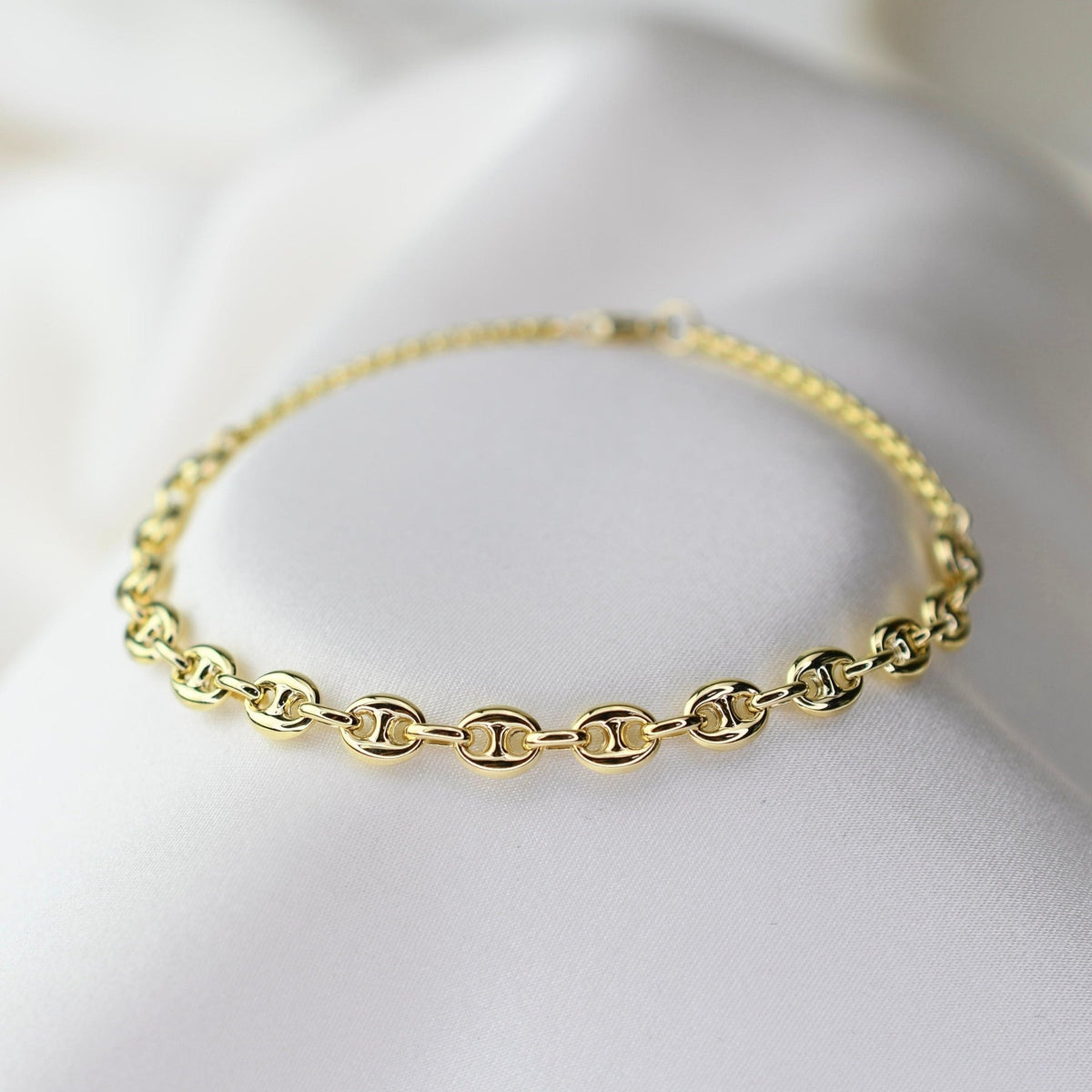 14K Gold Puffed Anchor Chain Bracelet - Sash Jewelry