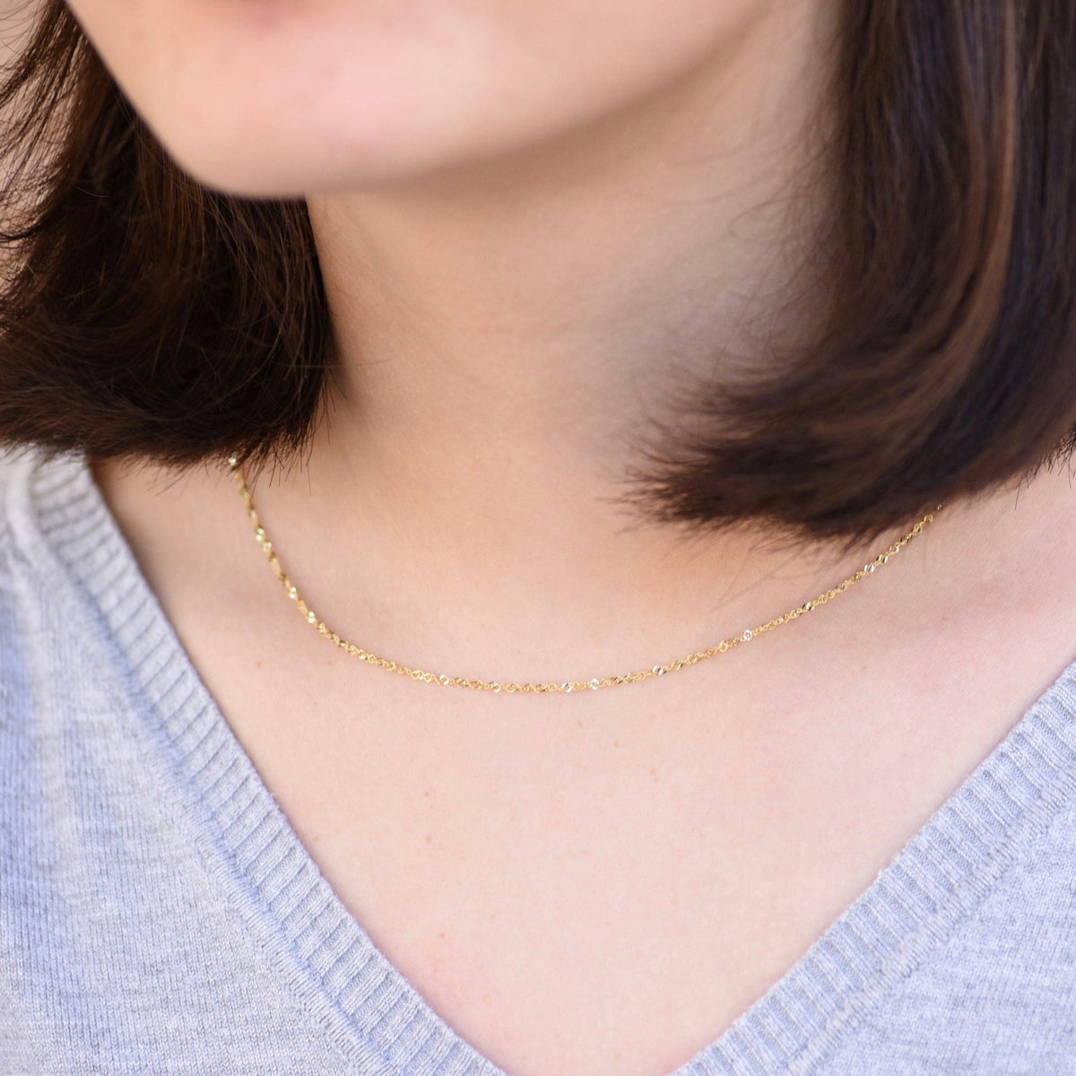 14K Gold Singapore Chain Necklace – 1.3mm Sparkly Twisted Chain - Sash Jewelry