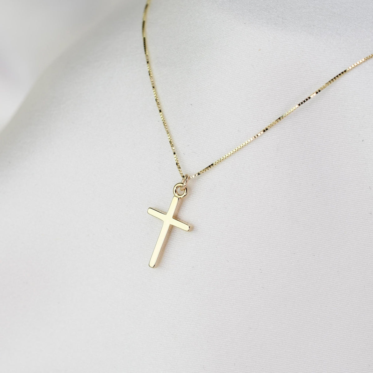 14K Gold Small Cross Necklace | Simple Box Chain Minimalist Jewelry - Sash Jewelry