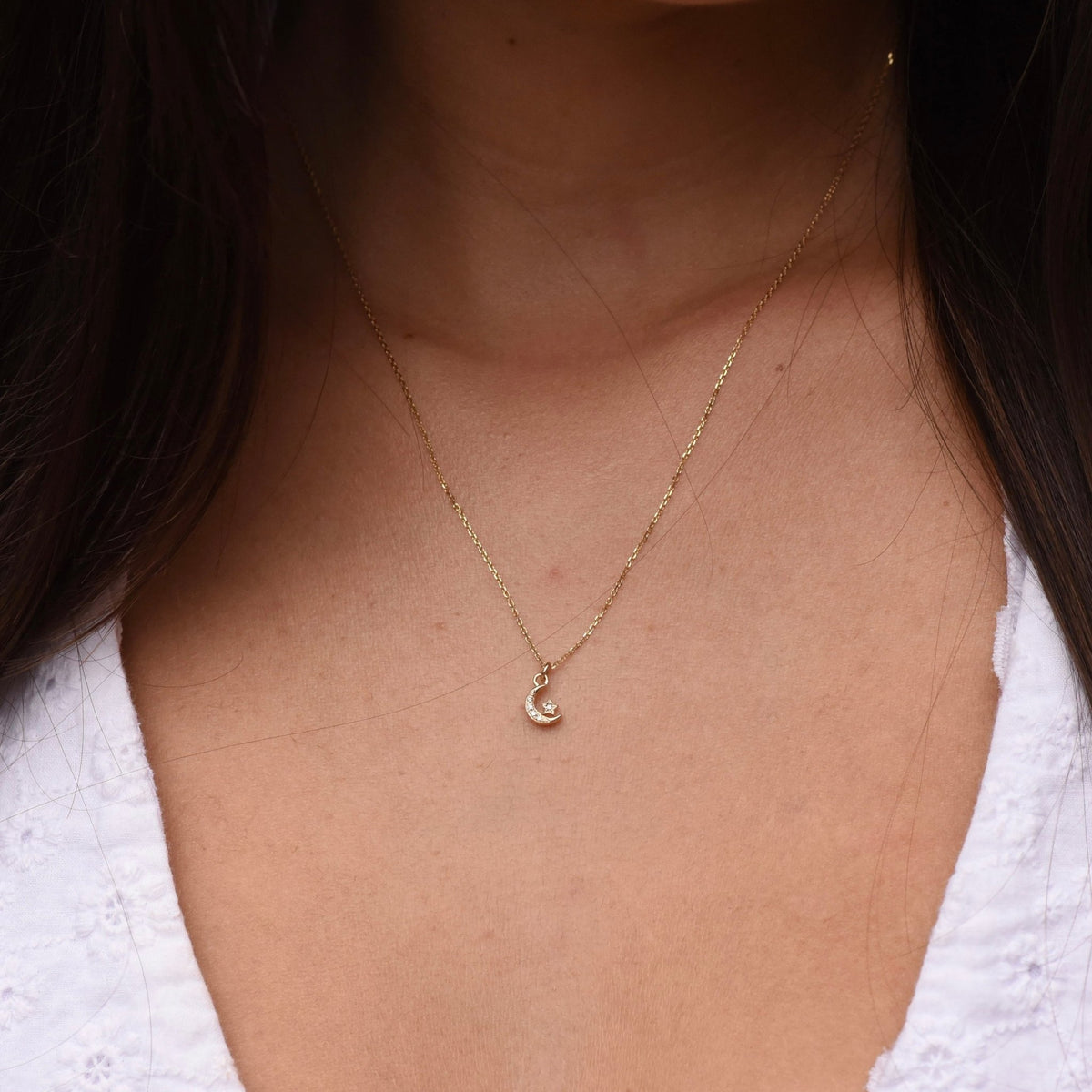 14K Gold Star & Moon Diamond Necklace - Sash Jewelry