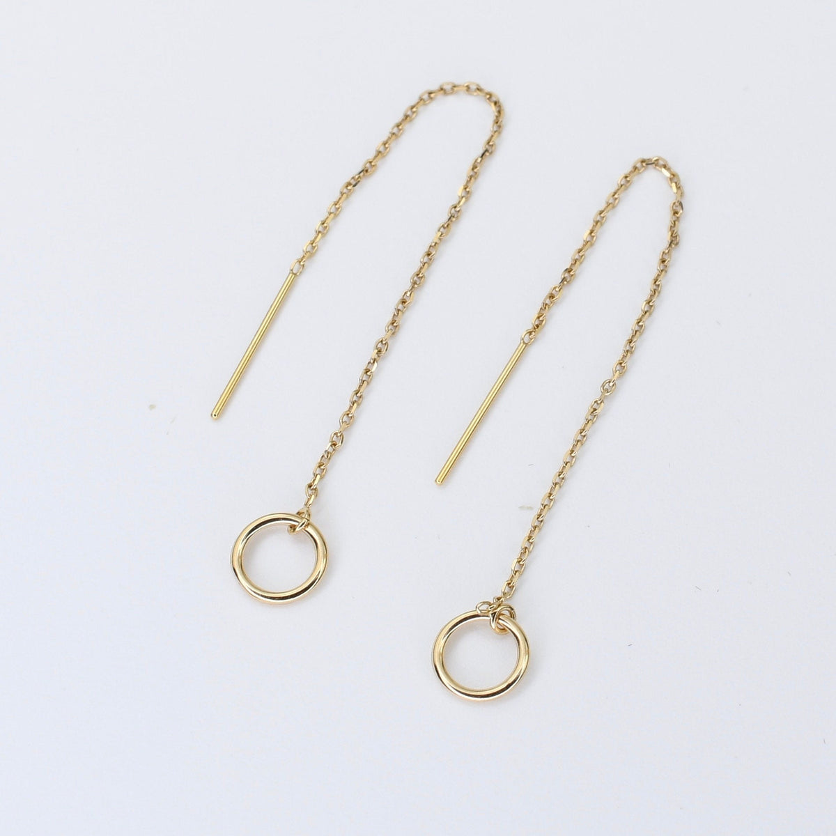 14K Gold Threader Earrings – Minimalist Circle Drop Earrings - Sash Jewelry