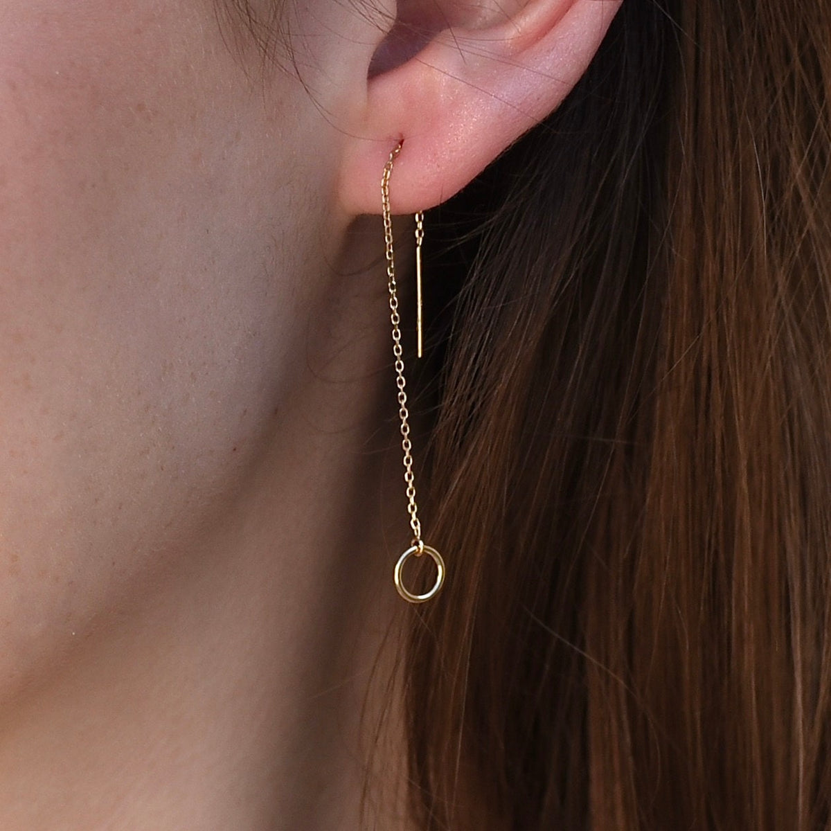14K Gold Threader Earrings – Minimalist Circle Drop Earrings - Sash Jewelry