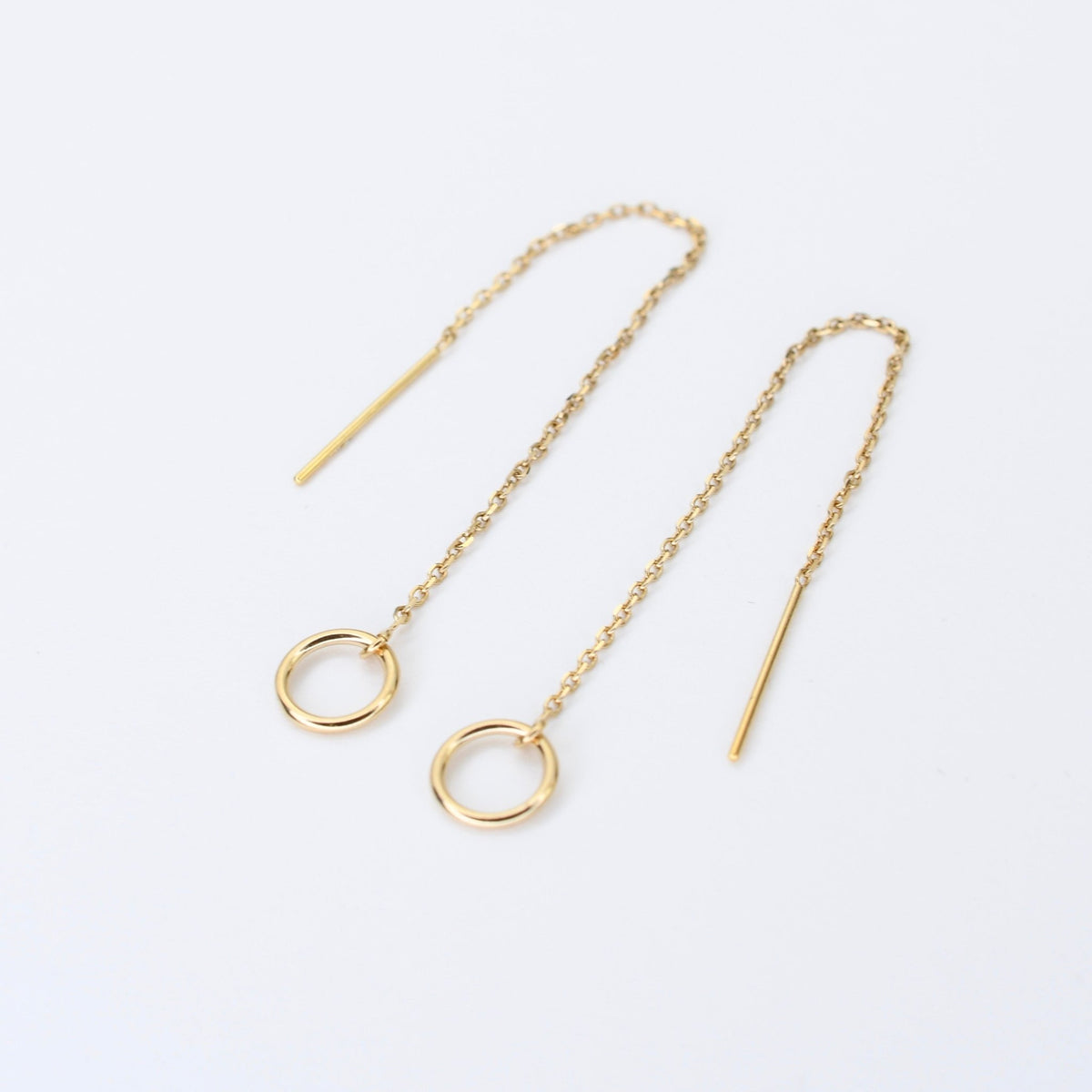 14K Gold Threader Earrings – Minimalist Circle Drop Earrings - Sash Jewelry