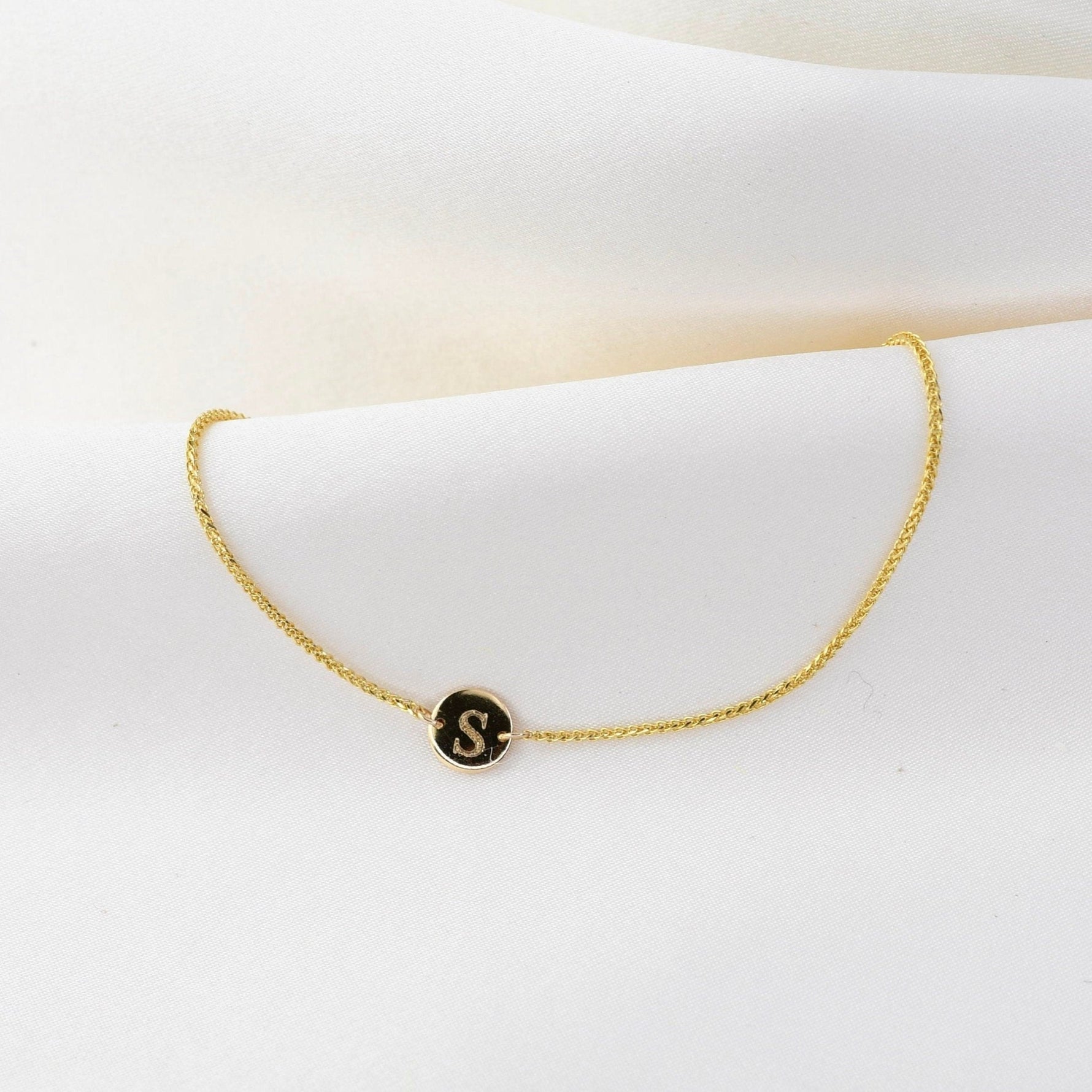 14K Gold Tiny Initial Bracelet – Solid Gold Personalized Letter Bracelet - Sash Jewelry