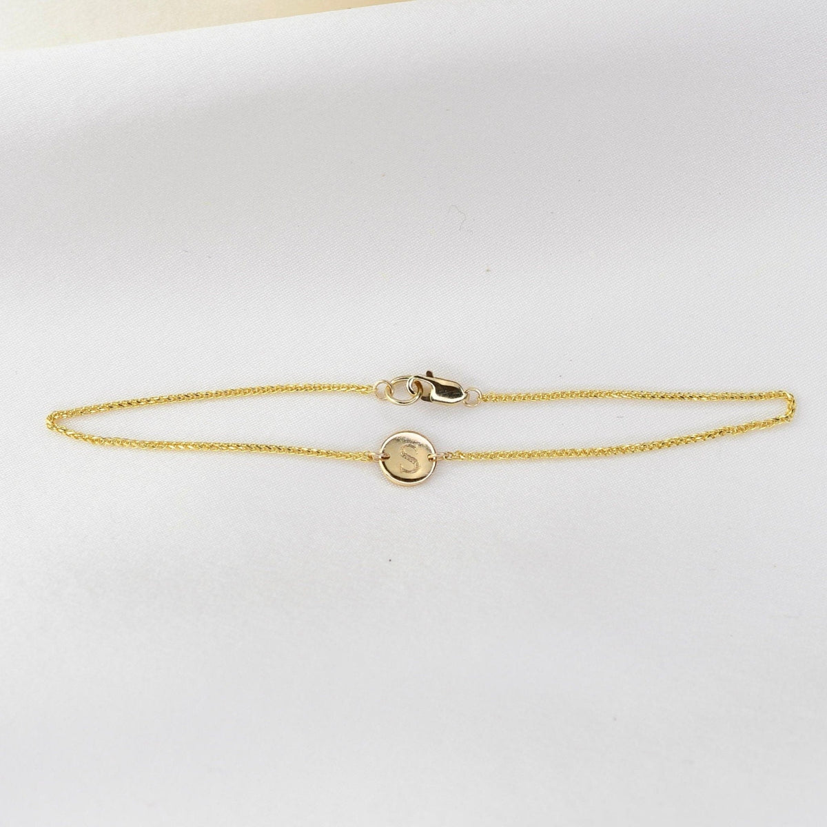 14K Gold Tiny Initial Bracelet – Solid Gold Personalized Letter Bracelet - Sash Jewelry