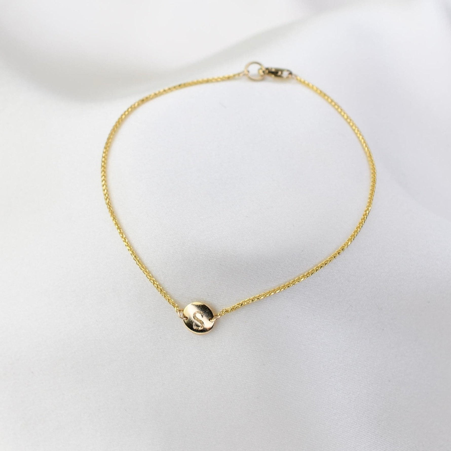 14K Gold Tiny Initial Bracelet – Solid Gold Personalized Letter Bracelet - Sash Jewelry