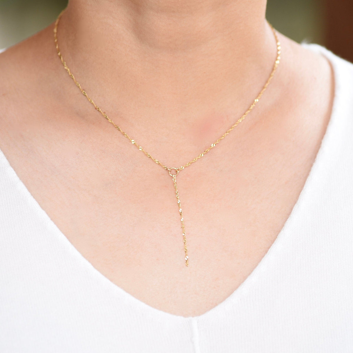 14K Gold Y Necklace – Delicate Sparkle Drop Chain Necklace - Sash Jewelry