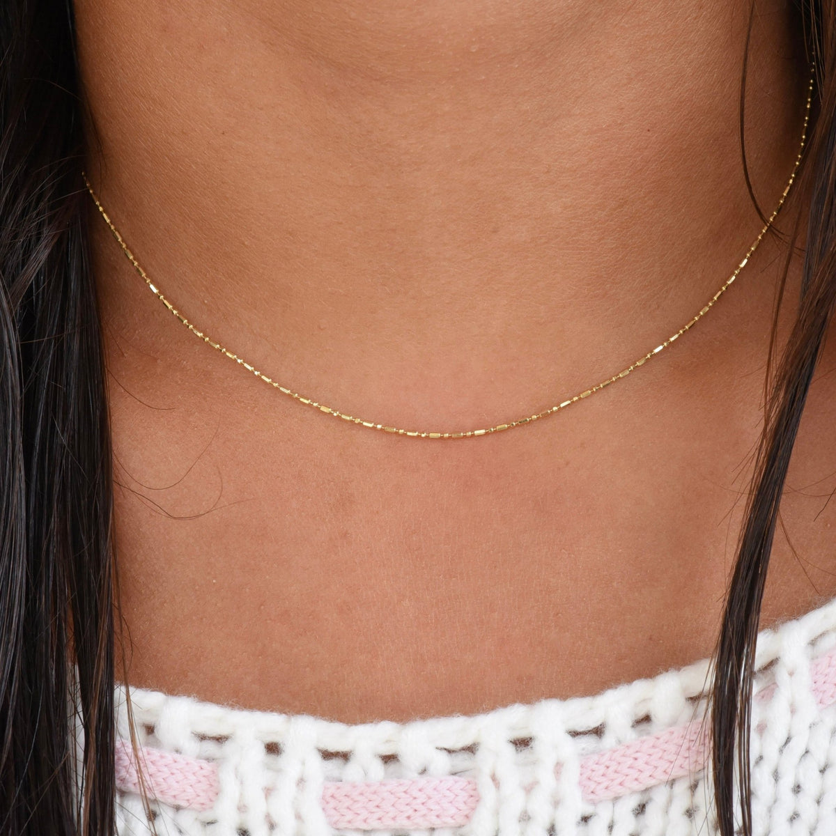 14K Solid Gold Bead Chain Necklace – Dainty 0.9mm Layering Necklace - Sash Jewelry