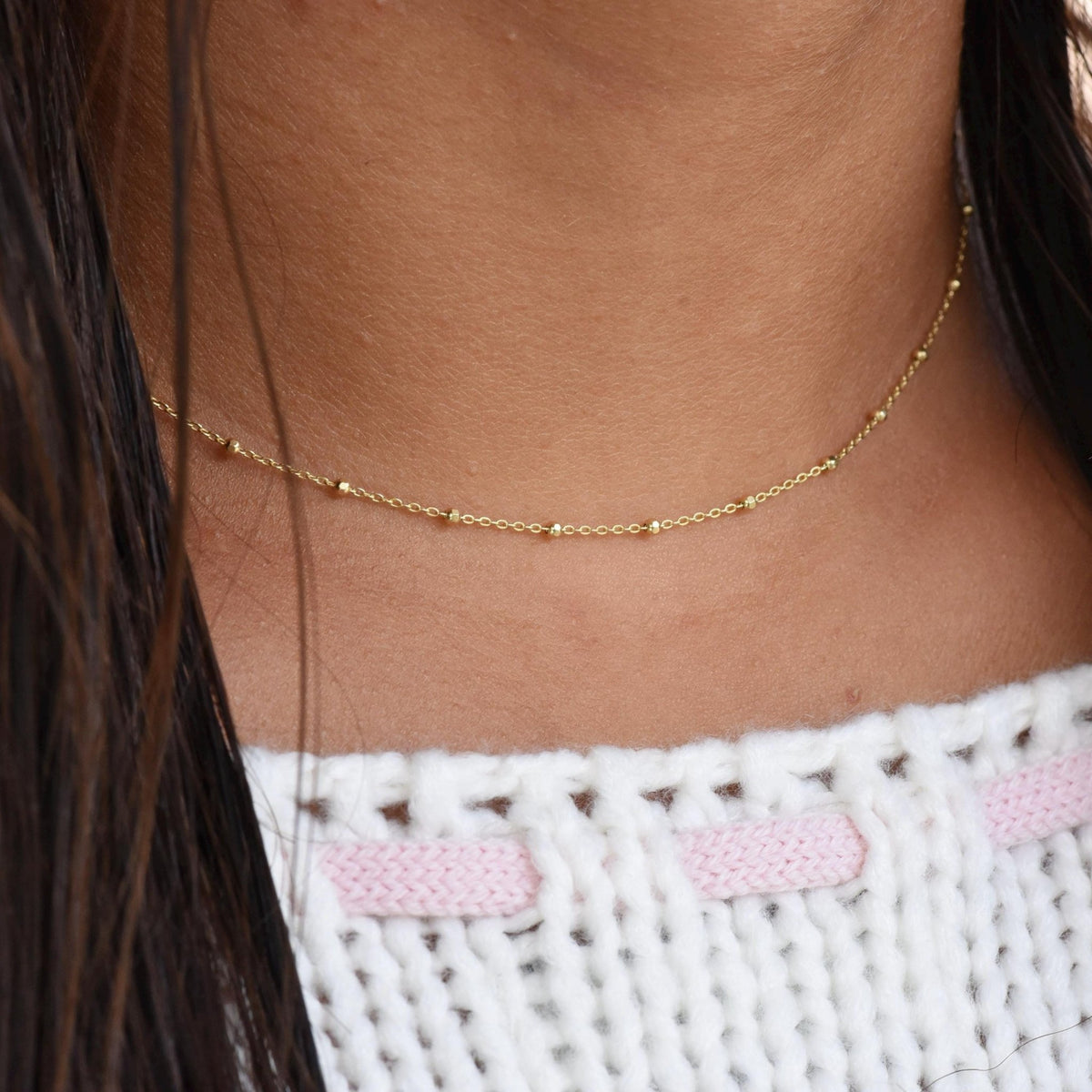14K Solid Gold Beaded Cable Chain Necklace – Delicate 0.85mm - Sash Jewelry
