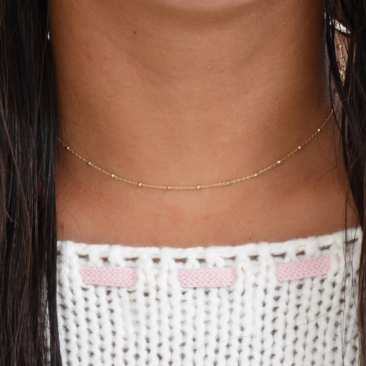 14K Solid Gold Beaded Cable Chain Necklace – Delicate 0.85mm - Sash Jewelry