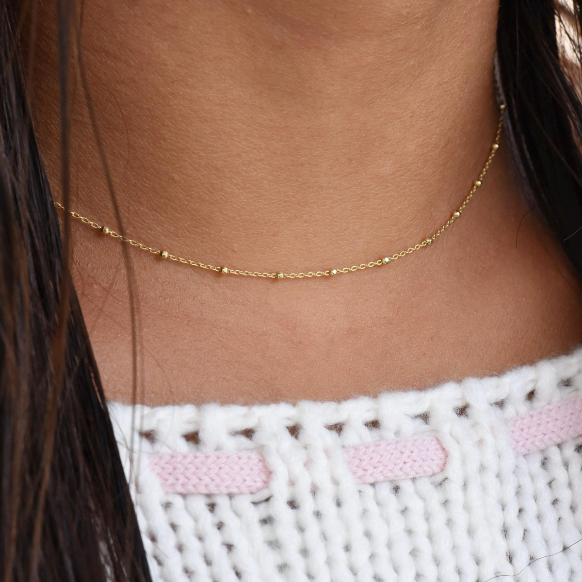 14K Solid Gold Beaded Cable Chain Necklace – Delicate 0.85mm - Sash Jewelry
