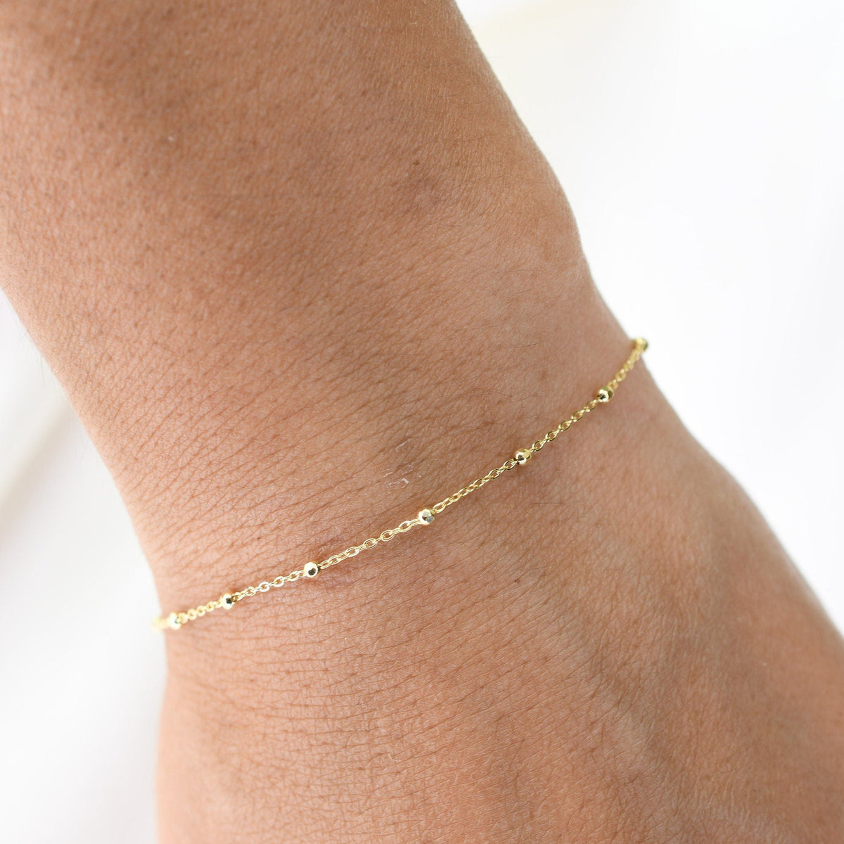 14K Solid Gold Delicate Beaded Bracelet - Sash Jewelry