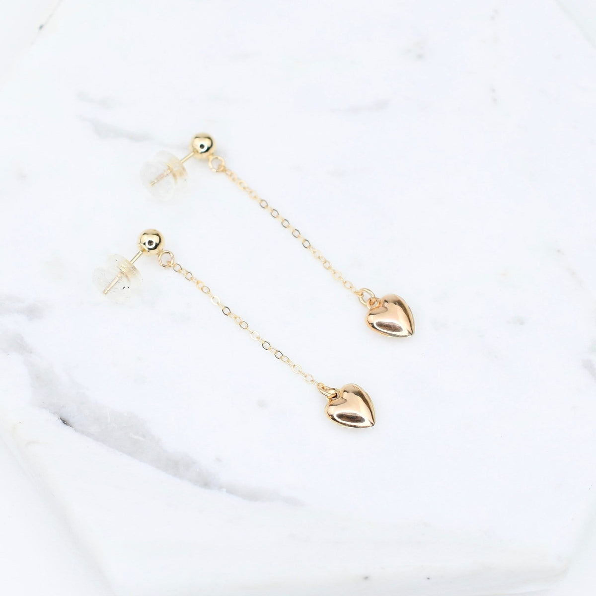14K Solid Gold Heart Drop Earrings – Minimalist Gold Jewelry Gift - Sash Jewelry