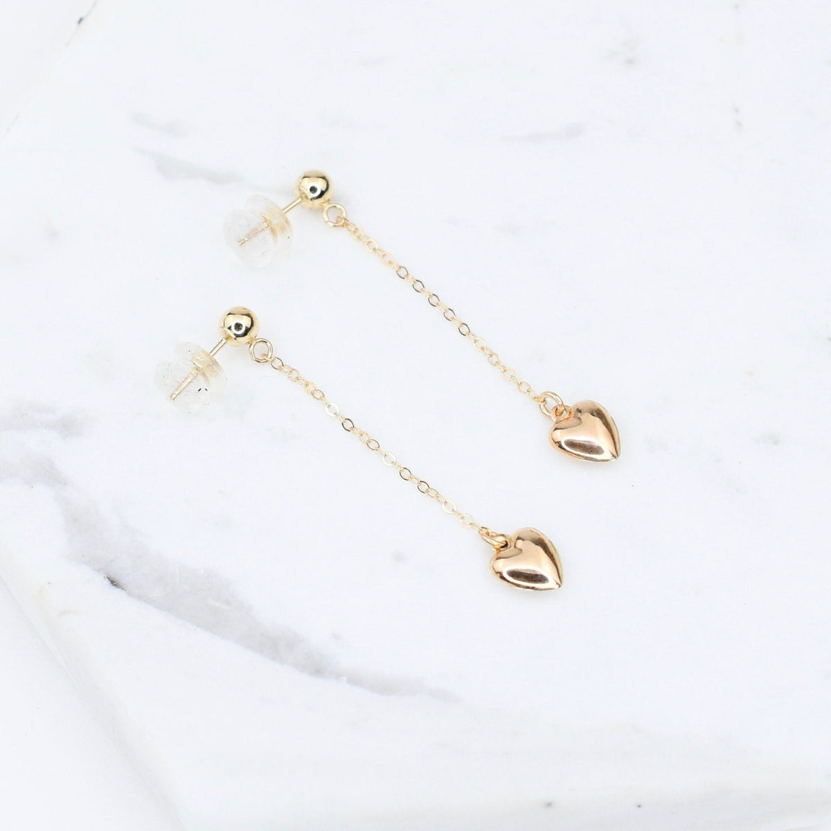 14K Solid Gold Heart Drop Earrings – Minimalist Gold Jewelry Gift - Sash Jewelry