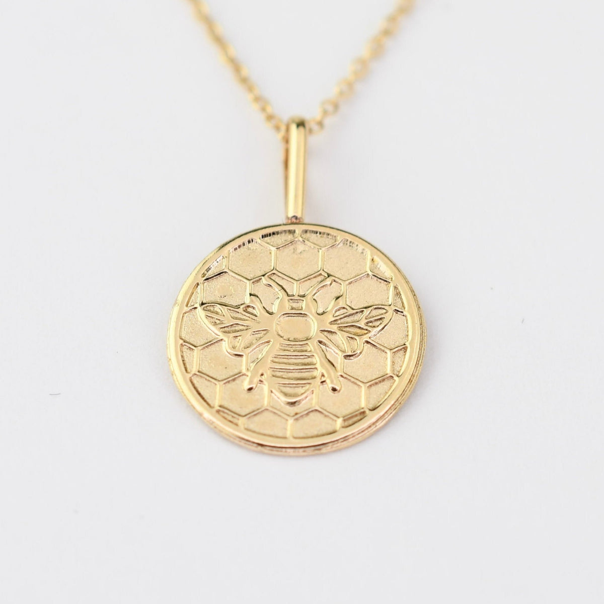 14K Solid Gold Honeycomb Bee Necklace – Dainty Minimalist Nature Charm - Sash Jewelry