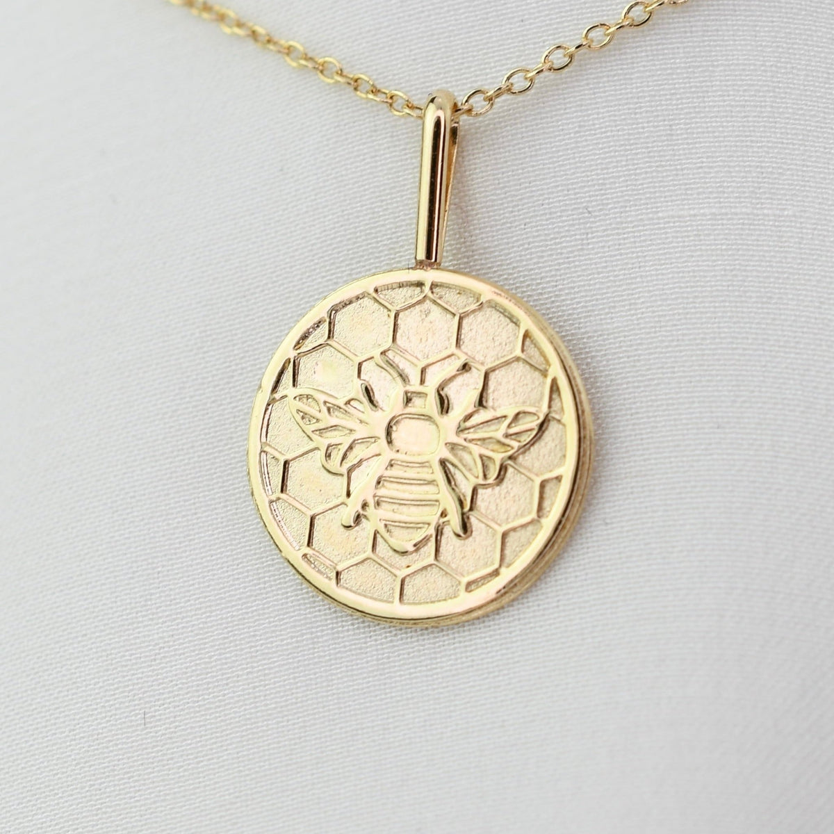 14K Solid Gold Honeycomb Bee Necklace – Dainty Minimalist Nature Charm - Sash Jewelry
