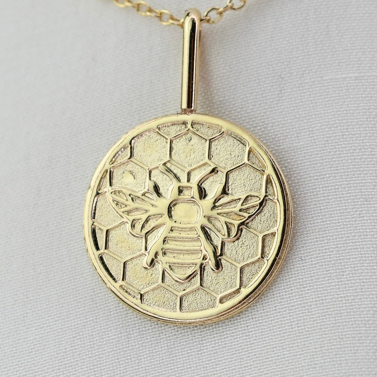 14K Solid Gold Honeycomb Bee Necklace – Dainty Minimalist Nature Charm - Sash Jewelry