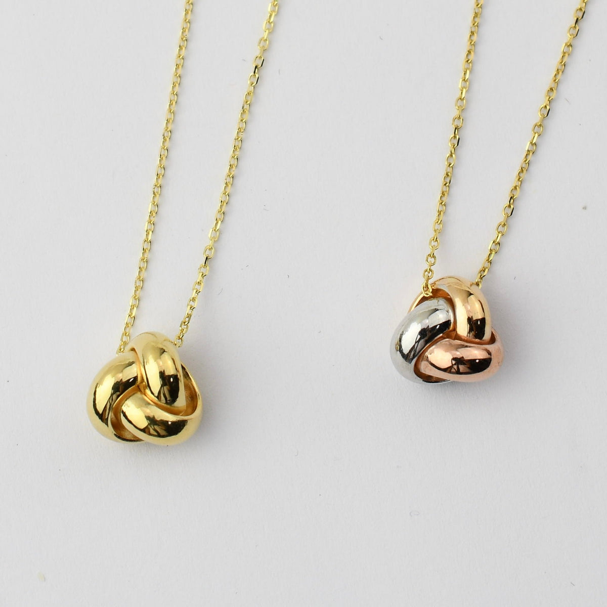14K Solid Gold Love Knot Necklace – Dainty Yellow Gold or Three-Tone Knot Necklace - Sash Jewelry